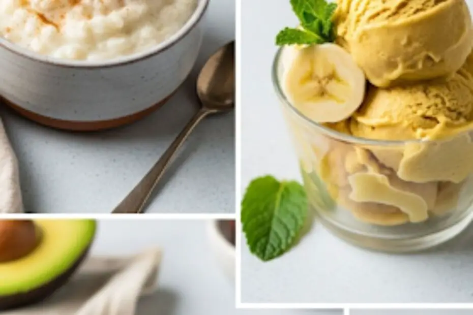 Text overlay "Delicious Dairy-Free Desserts" over a vibrant and appetizing collage of different dairy-free treats, like a bowl of mango rice pudding, a fudgy avocado brownie, and a peanut butter cookie.
