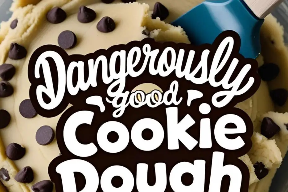 A large bowl of chocolate chip cookie dough with a spatula, with the text overlay "Dangerously Good Cookie Dough."