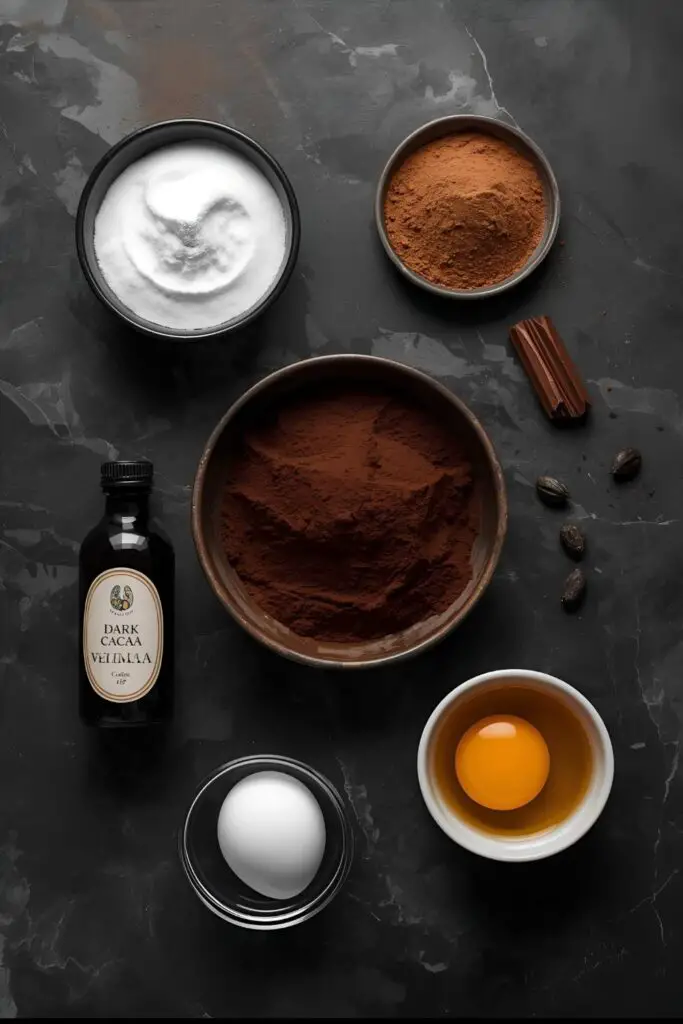 A moody, artistic flat lay of ingredients for dark cacao cookies: a bowl of rich, dark cacao powder, powdered sugar, egg whites, and a bottle of vanilla extract on a dark slate or marble surface.