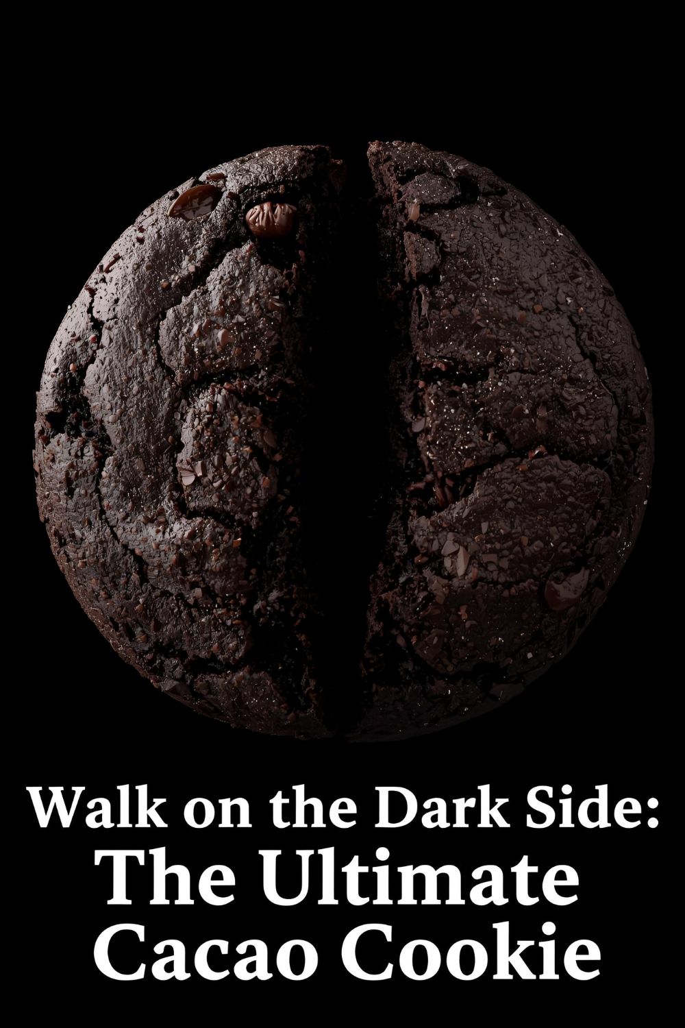 Text overlay "Dark Cacao Cookies" on a background image of nearly-black, glossy cookies with crackled tops, sprinkled with white flaky sea salt.