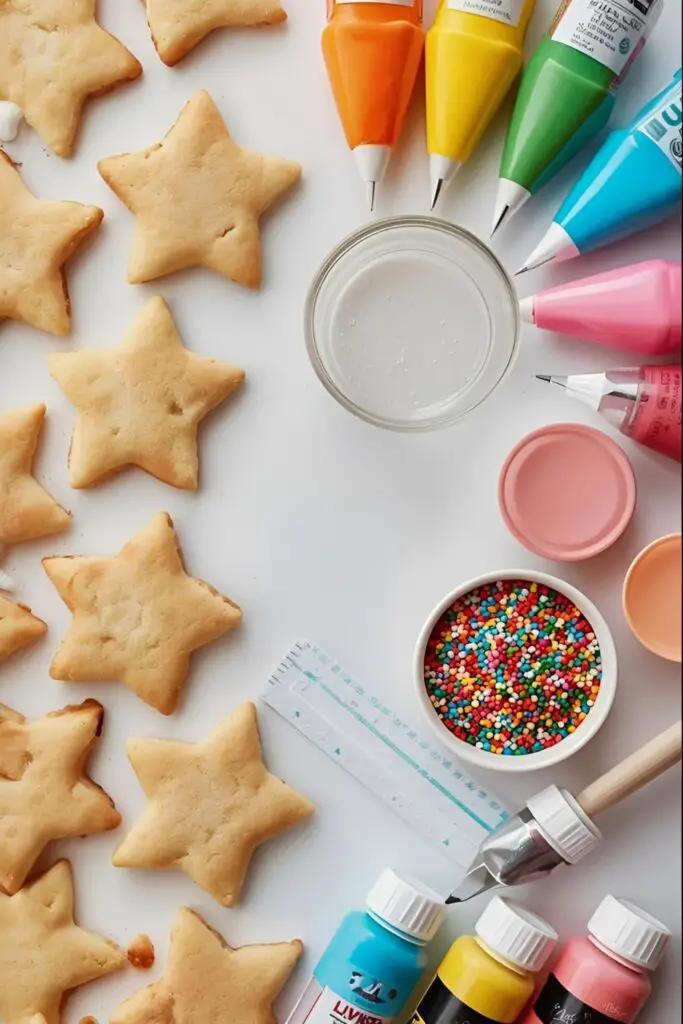 A flat lay of ingredients and tools for decorating star cookies: baked star cookies, royal icing in piping bags, sprinkles, and food coloring.