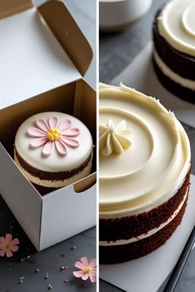  Two images side-by-side: a decorated bento cake inside its box and a close-up of the cake's frosting details.