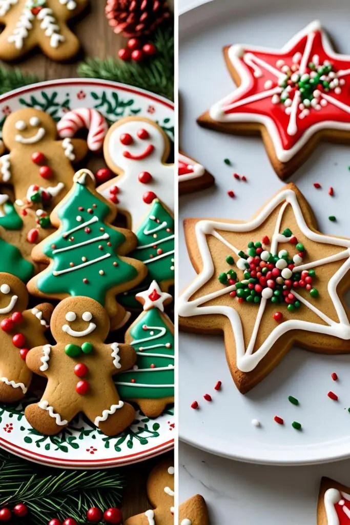 Two images side-by-side: a plate of assorted decorated Christmas cookies and a close-up of a single iced star cookie.