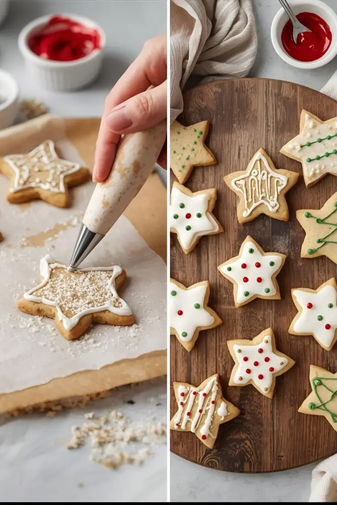 A collection of beautifully decorated Christmas cookies showing different techniques like flooding, polka dots, and piping.