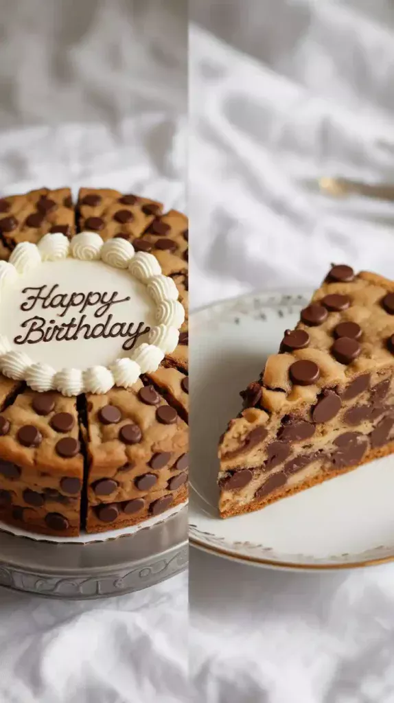 A two-panel image showing a fully decorated birthday cookie cake and a close-up of a chewy slice on a plate.