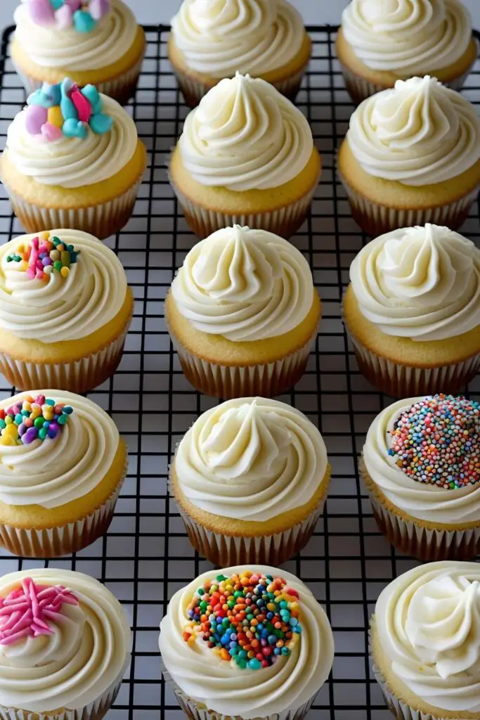 A batch of several homemade vanilla cupcakes decorated with beautiful swirls of buttercream frosting and sprinkles.