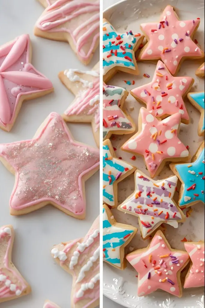 A collection of creatively decorated star cookies in various colors and designs.