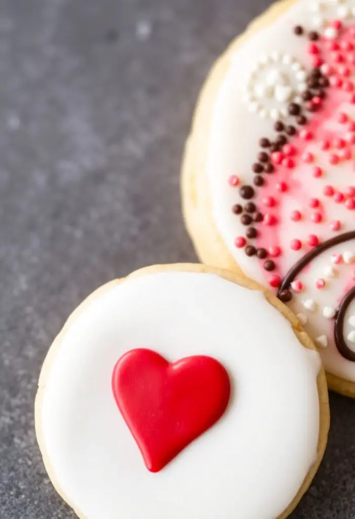 A close-up shot showing two different decorated cookies. One is a simple but elegant cookie with a clean white flooded base and a single piped red heart. The other is a more detailed cookie with multiple colors and wet-on-wet designs, showcasing different skill levels.