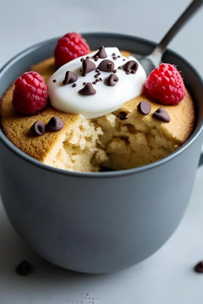 A delicious and healthy chocolate protein mug cake topped with Greek yogurt and fresh raspberries.