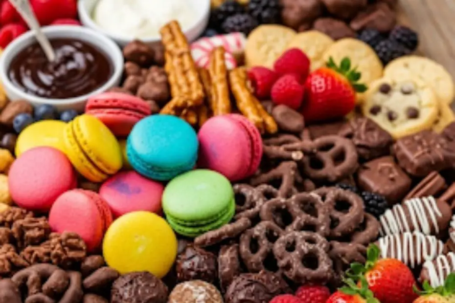 Text overlay "Dessert Charcuterie Board" over a lush, abundant, and beautifully arranged dessert charcuterie board filled with various sweets, fruits, and dips.