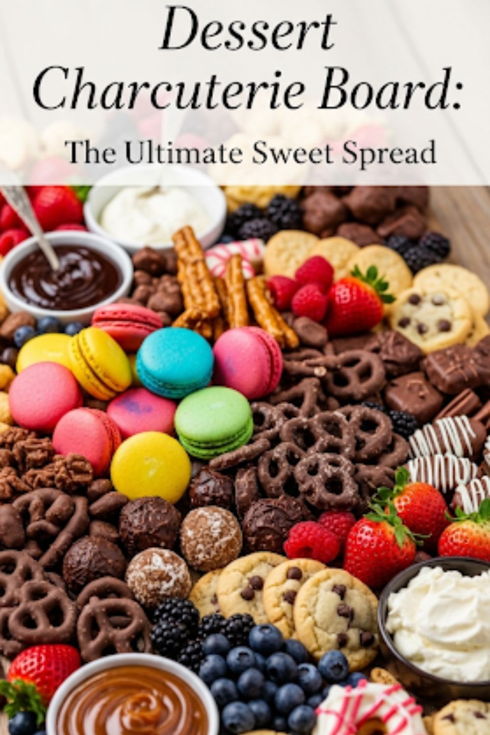 Text overlay "Dessert Charcuterie Board" over a lush, abundant, and beautifully arranged dessert charcuterie board filled with various sweets, fruits, and dips.