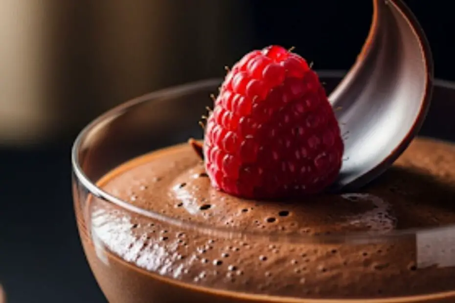 Text overlay "Dessert Facile et Rapide" over a luxurious, dark chocolate mousse in an elegant glass, with a spoon creating a perfect swirl on top.