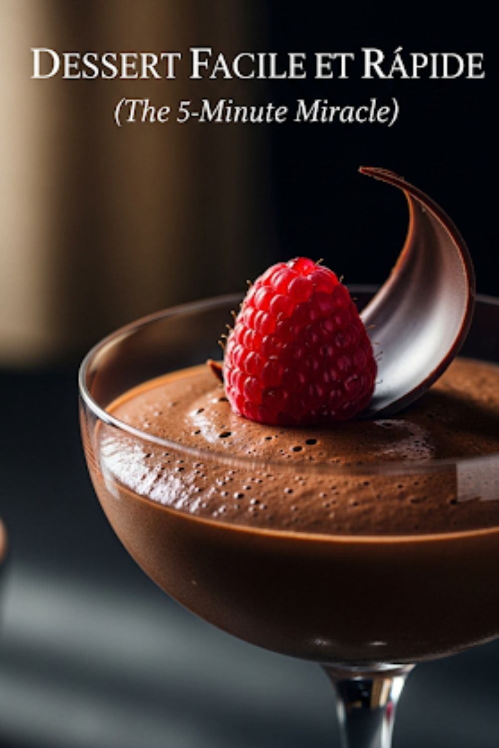 Text overlay "Dessert Facile et Rapide" over a luxurious, dark chocolate mousse in an elegant glass, with a spoon creating a perfect swirl on top.