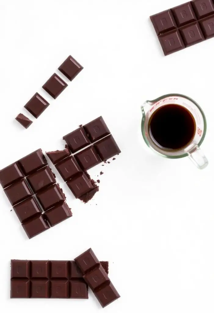 A minimalist flat lay collage of the two ingredients for a quick dessert: a beautifully broken bar of high-quality dark chocolate and a glass measuring cup of hot coffee or water.
