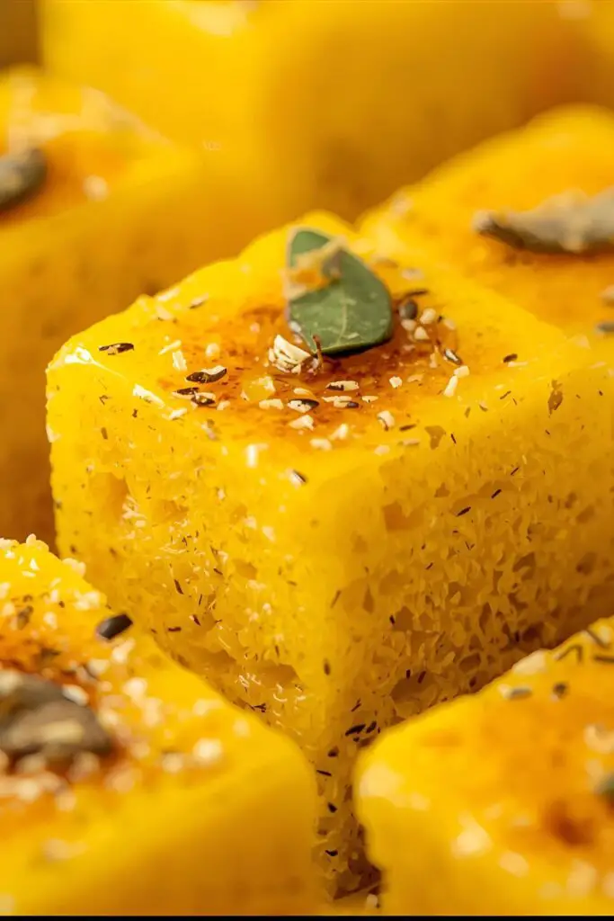 A close-up shot of a single piece of dhokla showing its spongy, porous texture, with tempering poured over it.