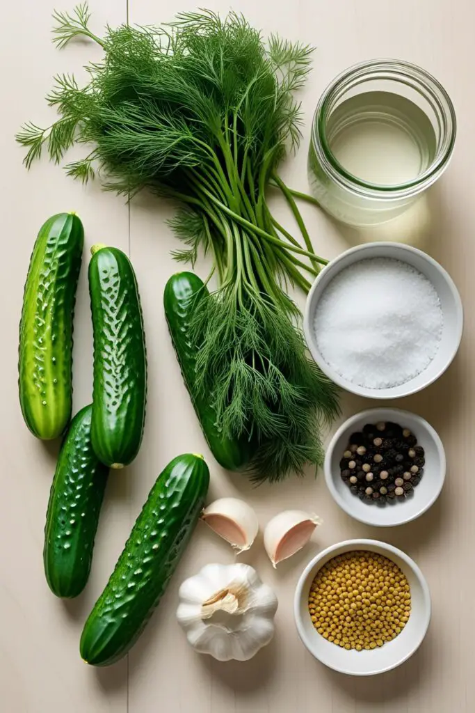 The fresh ingredients needed to make delicious homemade dill pickles: cucumbers, dill, garlic, vinegar, and pickling spices.