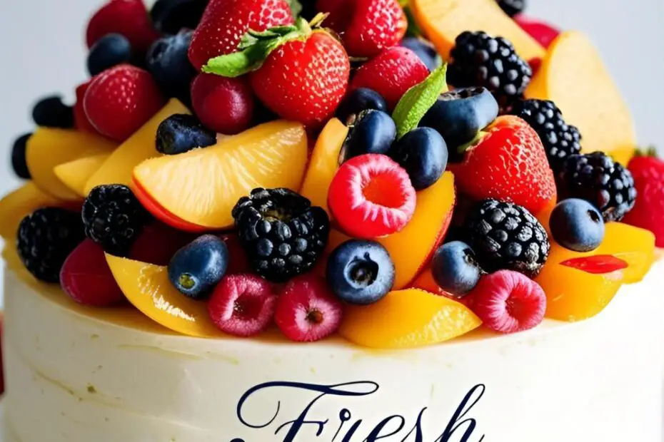 A stunning and elegant fresh fruit cake topped with a mountain of fresh strawberries, blueberries, raspberries, and kiwi slices.