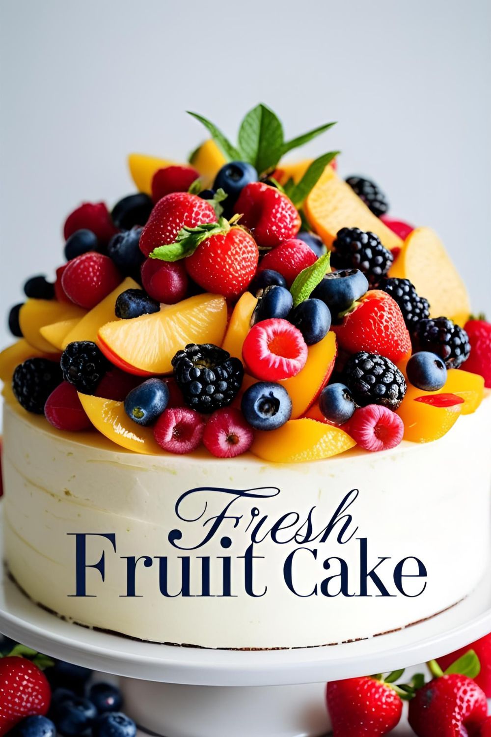A stunning and elegant fresh fruit cake topped with a mountain of fresh strawberries, blueberries, raspberries, and kiwi slices.