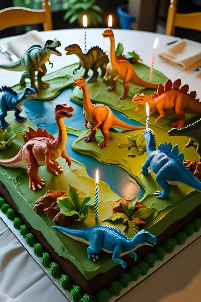 A full view of a simple dinosaur birthday cake designed to look like a prehistoric landscape with toy dinosaurs and candles.
