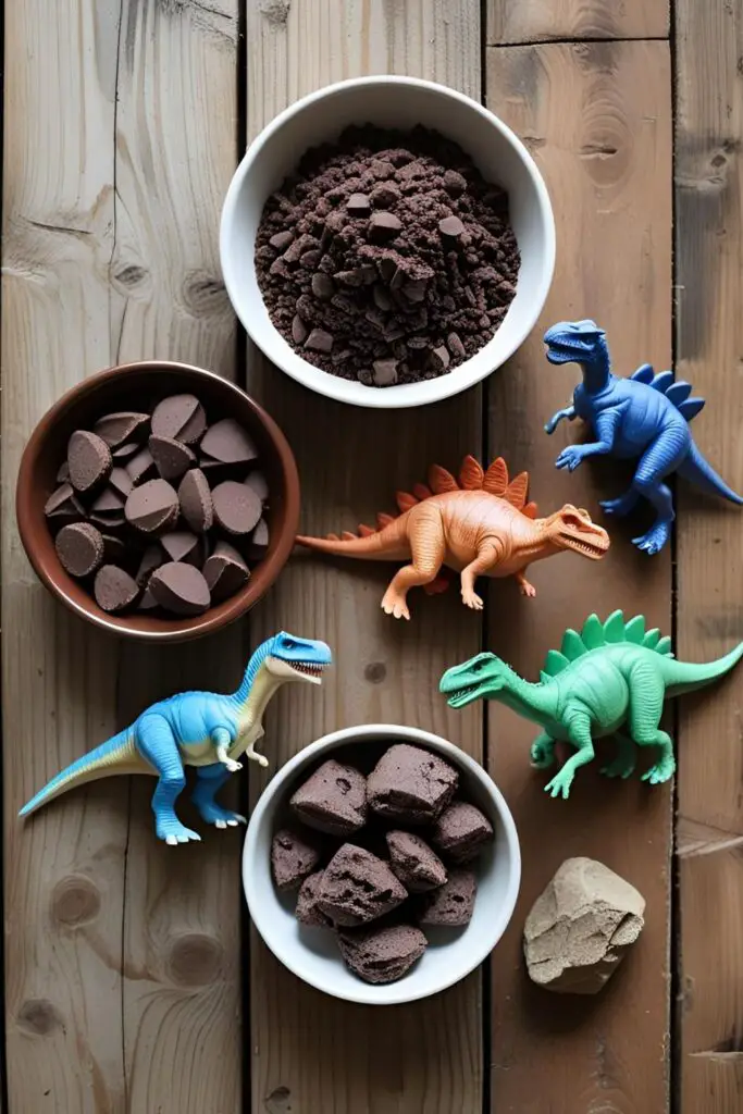 The key ingredients for decorating a simple dinosaur cake: crushed Oreo "dirt," chocolate rocks, and toy dinosaurs.