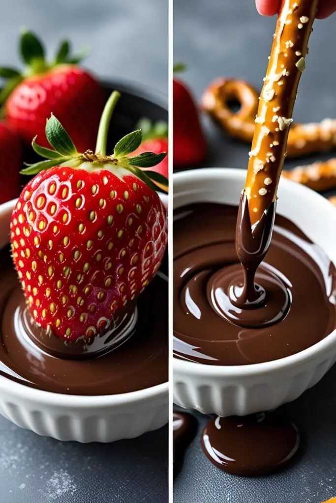Two images showing uses for melted chocolate: one of a strawberry being dipped, and one of a pretzel being drizzled.