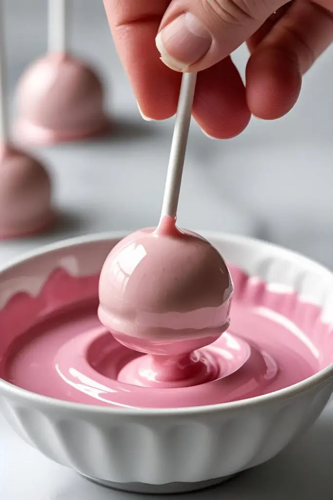 A close-up action shot of a vanilla cake pop being dipped into a bowl of melted pink candy coating.