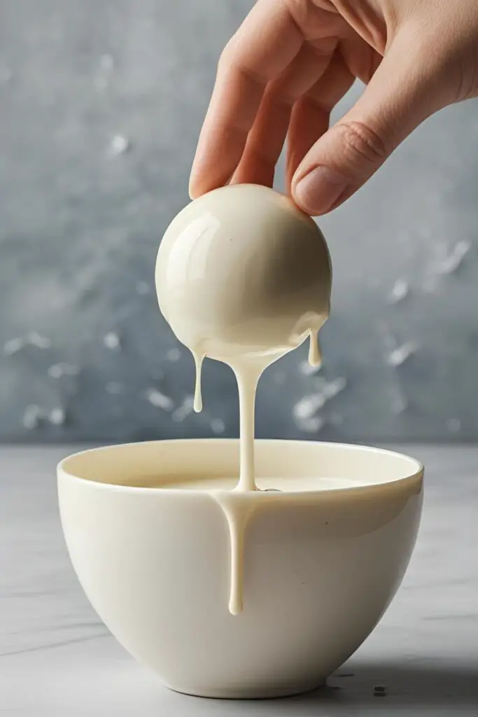 A dynamic action shot of a cake pop being dipped into a tall bowl of perfectly thinned, smooth white almond bark, creating an even, flawless coating.