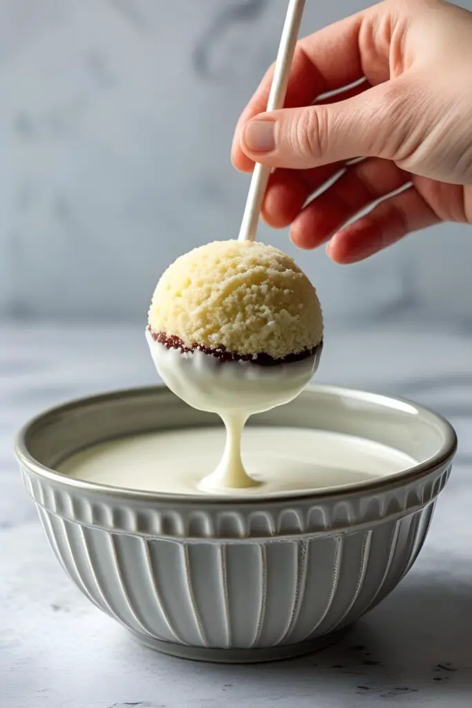 A hand dipping a cake pop into a bowl of melted white candy melts, demonstrating the coating process.