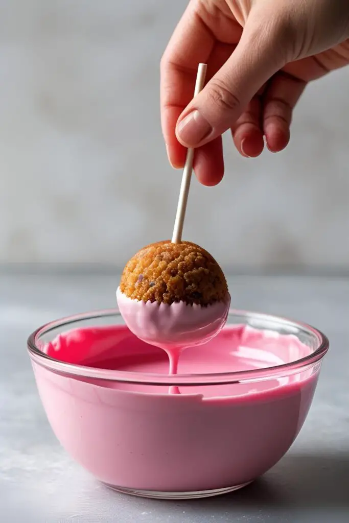 An action shot of a hand dipping a cake ball on a stick into a deep bowl of melted pink candy coating. The motion is clear, showing the dipping process.