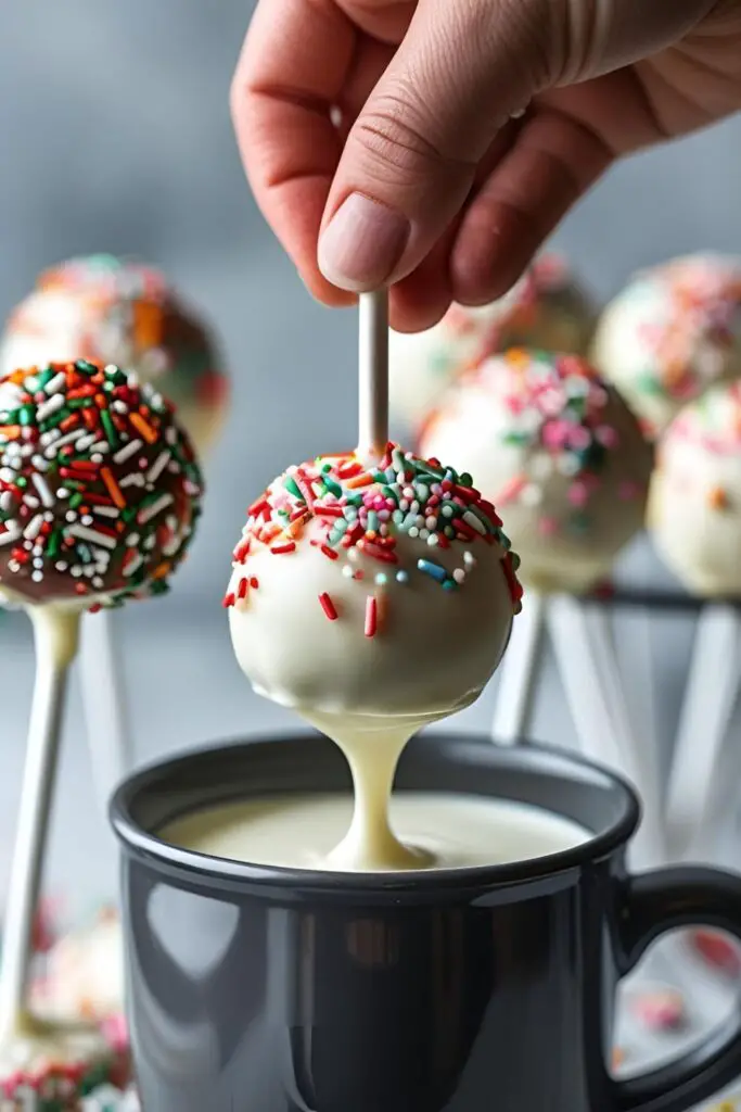 A close-up action shot demonstrating how to dip cake pops smoothly into melted candy coating.