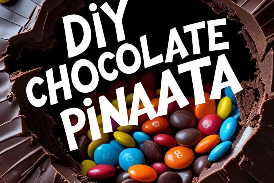 A cracked open chocolate pinata with candies spilling out, featuring the text overlay "DIY Chocolate Pinata".