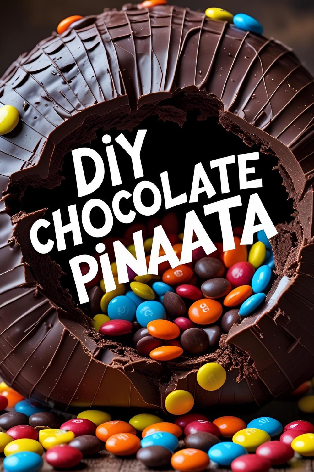 A cracked open chocolate pinata with candies spilling out, featuring the text overlay "DIY Chocolate Pinata".