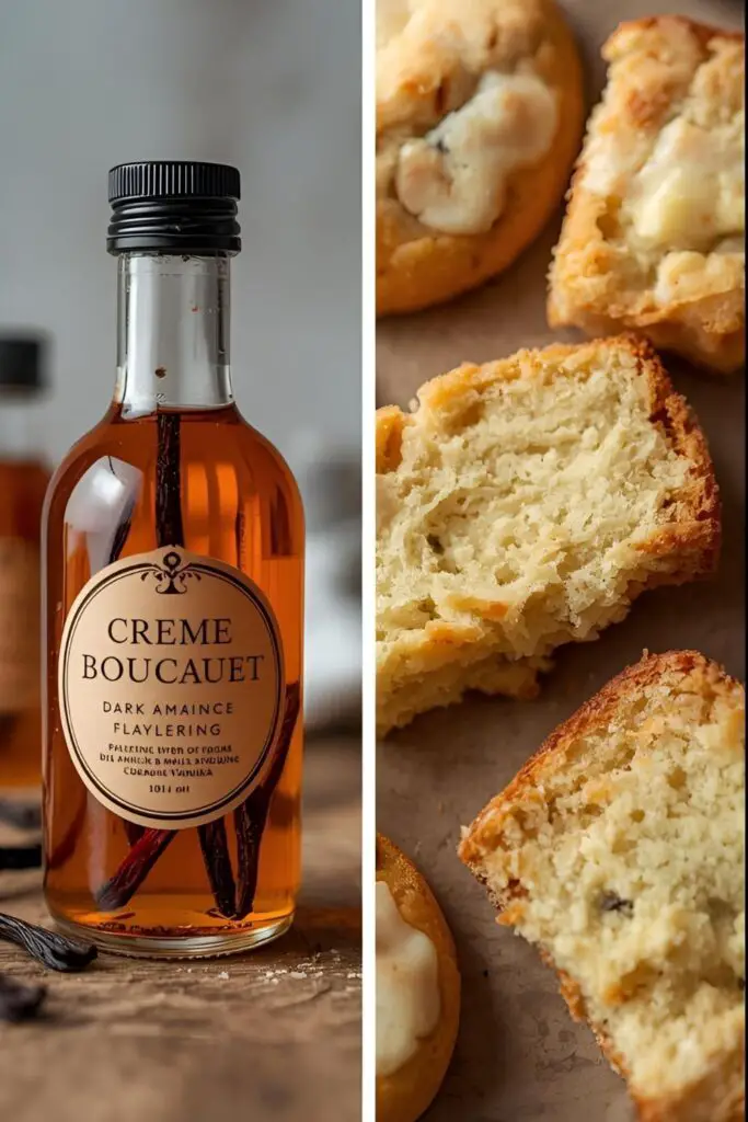 A bottle of finished creme bouquet flavoring next to baked goods that have been flavored with it.