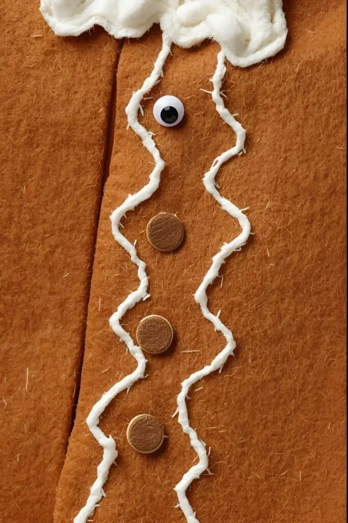 A full shot of a person wearing a complete gingerbread man costume next to a close-up of the frosting details and googly eyes.