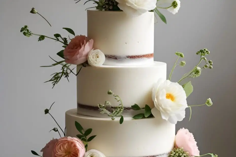 A beautiful three-tiered homemade wedding cake decorated with fresh flowers, illustrating a guide on how to make a wedding cake.