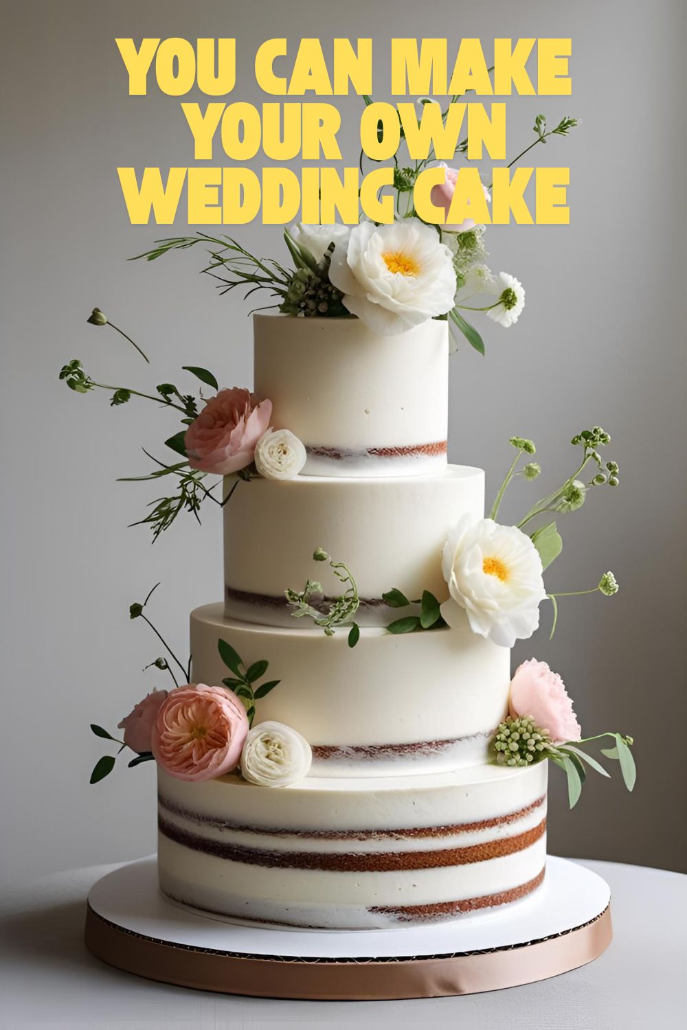 A beautiful three-tiered homemade wedding cake decorated with fresh flowers, illustrating a guide on how to make a wedding cake.