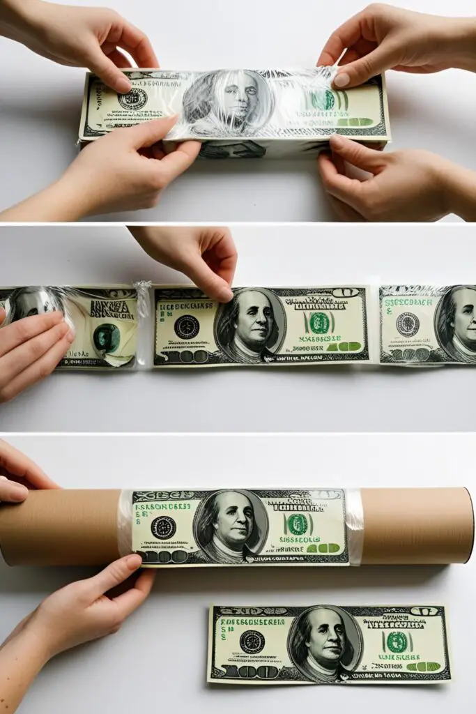 A step-by-step tutorial collage showing how to prepare the money roll and insert it into a cake.