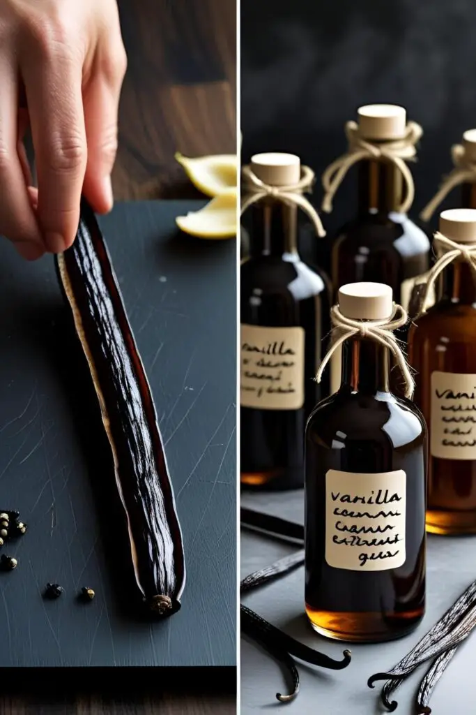 A two-panel image showing a vanilla bean being split and the finished bottles of homemade vanilla extract ready for gifting.