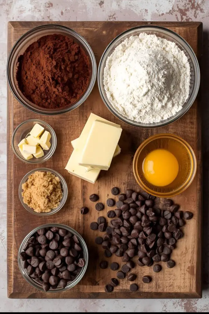 A beautiful flat lay of ingredients for chocolate chocolate chip cookies: a bowl of dark cocoa powder, flour, brown sugar, butter, eggs, and a cascade of semi-sweet chocolate chips on a rustic wooden board.