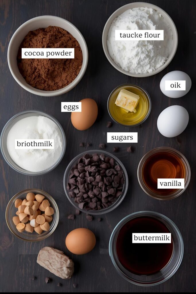 A dark, moody flat lay collage of ingredients for double chocolate muffins: cocoa powder, flour, sugars, buttermilk, eggs, oil, vanilla, and various chocolate chips, artfully arranged on a dark wooden background.