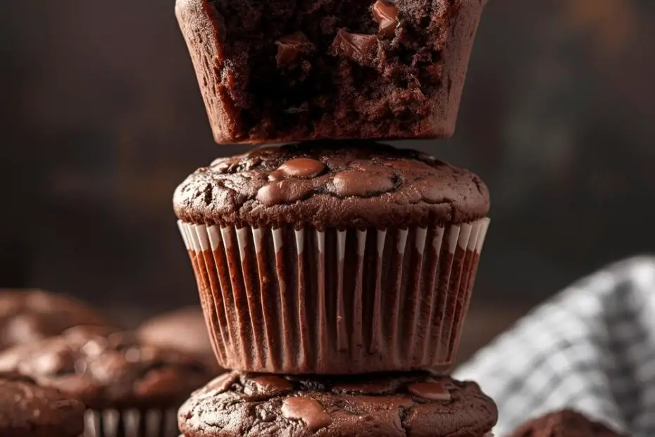 Text overlay "double chocolate muffins" on a background image of a stack of freshly baked, domed chocolate muffins with visible chocolate chips.