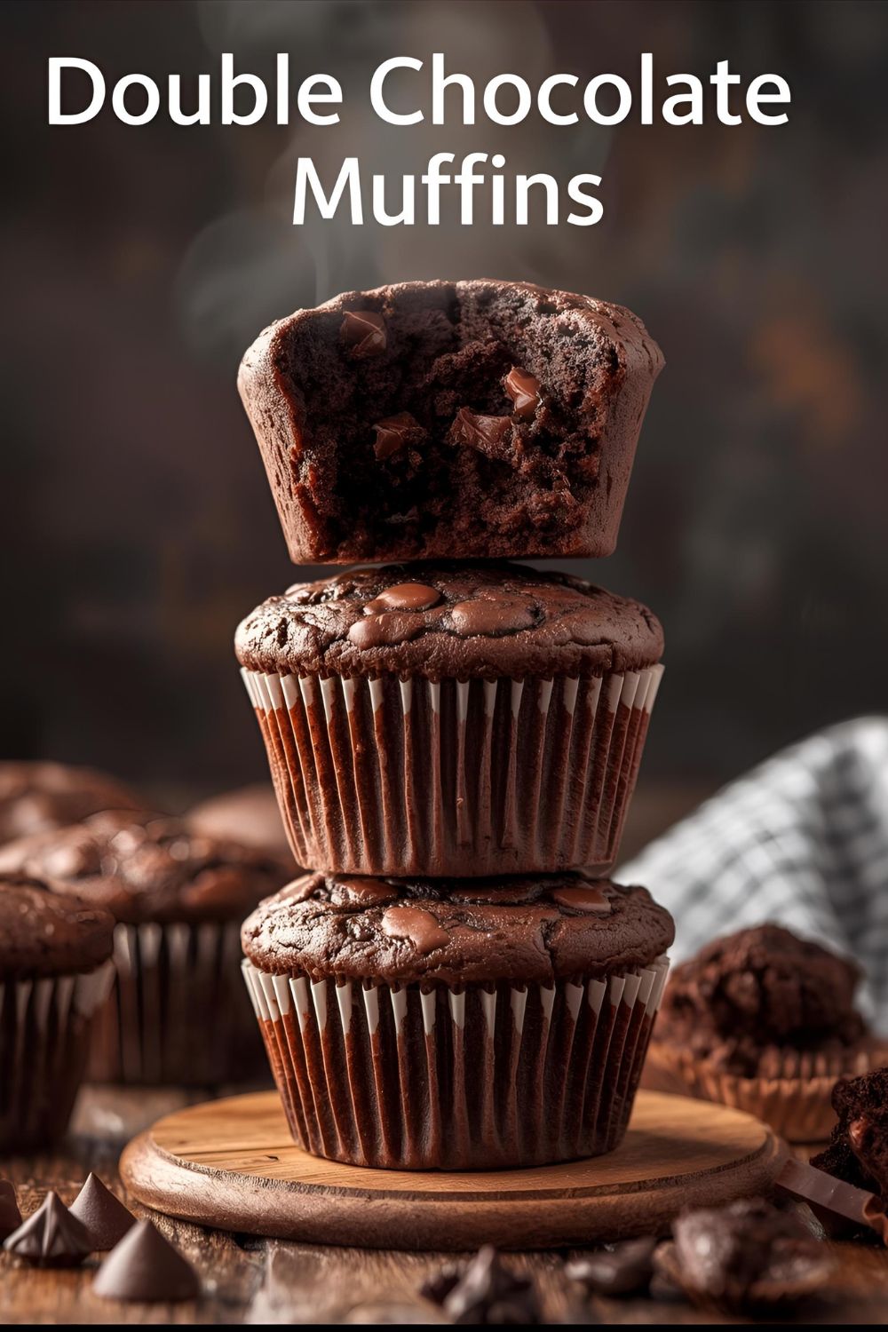 Text overlay "double chocolate muffins" on a background image of a stack of freshly baked, domed chocolate muffins with visible chocolate chips.