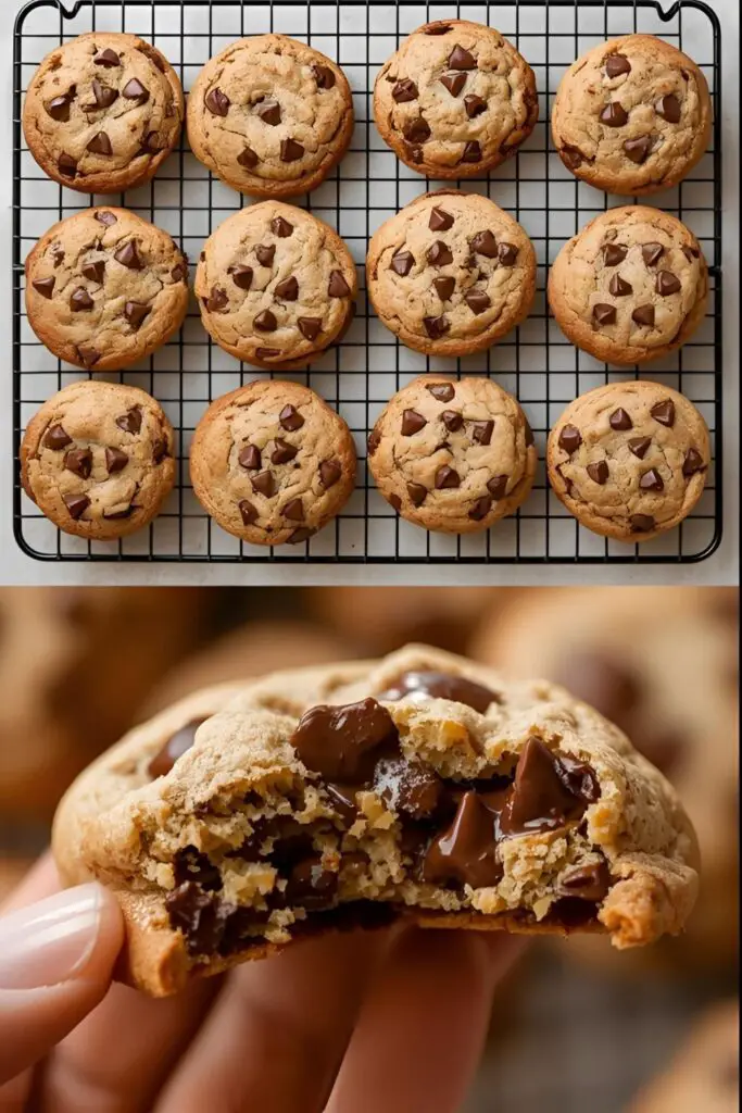 Exactly 12 perfect chocolate chip cookies cooling on a wire rack, with a close-up of one cookie.