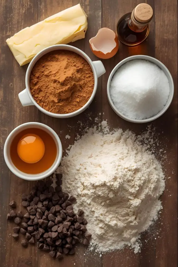 A flat lay of classic chocolate chip cookie ingredients: flour, butter, sugars, eggs, vanilla, and chocolate chips.
