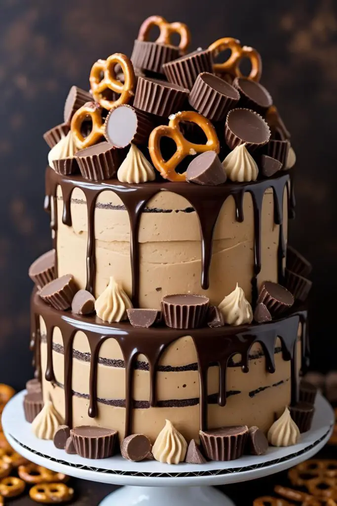 A full shot of a tall, three-layer chocolate peanut butter drip cake, overloaded with Reese's cups and pretzels, on a cake stand.