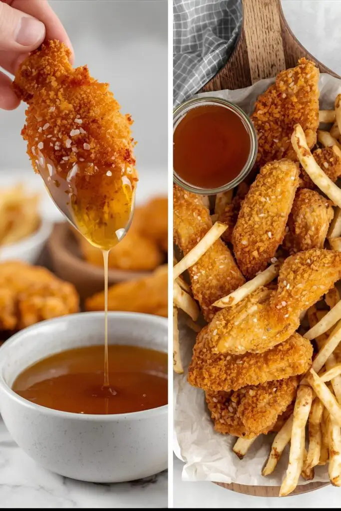 The process of drizzling hot honey on crispy chicken tenders and the final delicious dish ready to be served.