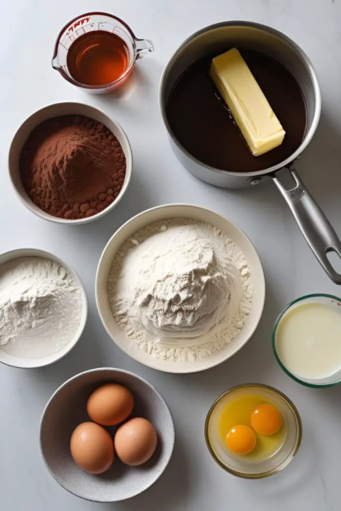 All the simple ingredients you need to bake a rich and moist chocolate sheet cake from scratch.