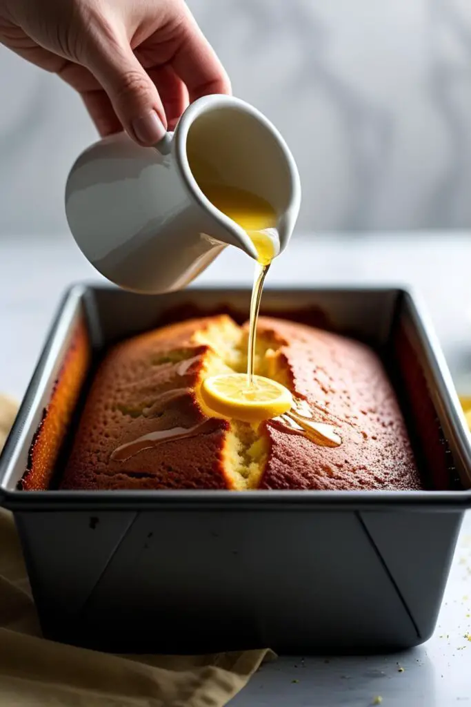 The process of pouring a hot lemon syrup over a freshly baked lemon drizzle cake to make it moist.