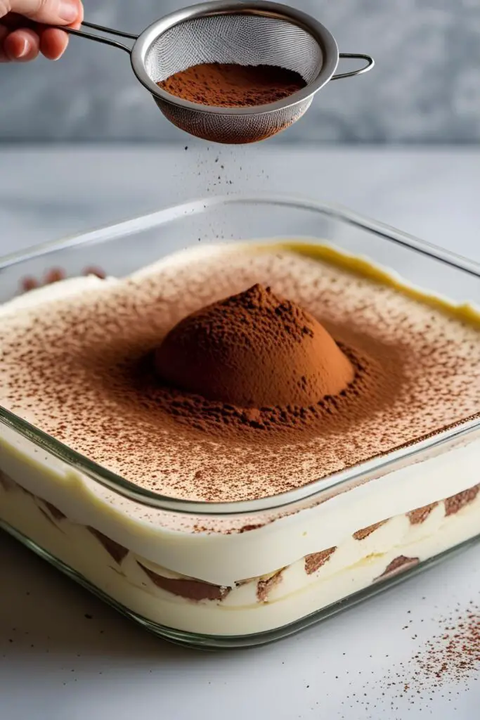 The full dish of homemade tiramisu being freshly dusted with a thick, even layer of unsweetened cocoa powder.
