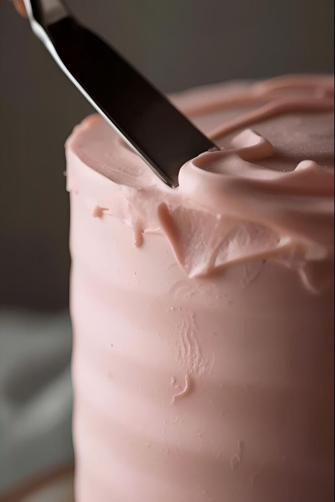 A close-up, detailed shot of a layer cake with a smooth, perfect finish of dusty rose buttercream icing.